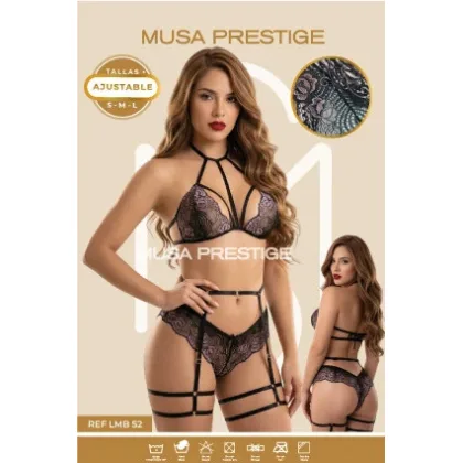 LENCERIA LMB 52 NEGRO ENCAJE ROSA