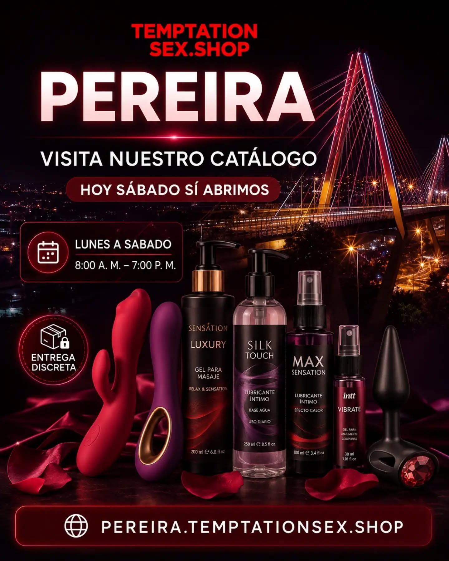 🔥 ¡HOY SÁBADO SÍ ABRIMOS EN PEREIRA! 🔥

Descubre juguetes, lubricantes y productos para disfrutar nuevas experiencias 😈❤️‍🔥

🕗 Horario: 8:00 a. m. a 7:00 p. m.
📦 Entregas rápidas y discretas en Pereira
🔒 Compra segura y totalmente confidencial
🛍️ Visita nuestro catálogo en el enlace de la bio

🌐 PEREIRA.TEMPTATIONSEX.SHOP

#SexShopPereira #Pereira #JuguetesEroticos #EntregaDiscreta